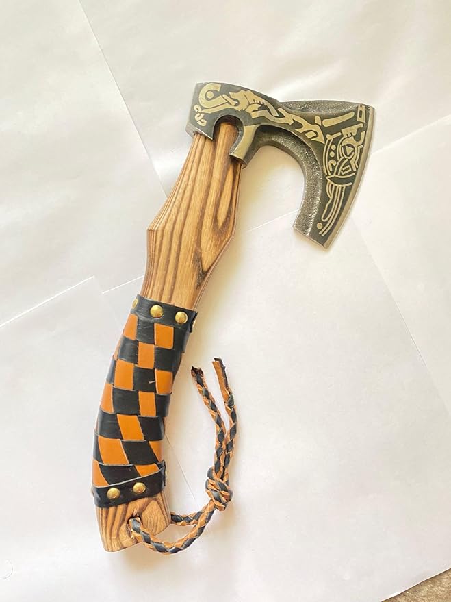 13” Inch Valhalla Axe – Carbon Steel Viking Axe Head with Engraved Handle, Hatchet Axe with Genuine Leather Sheath and Wrap, Camping Axe, Throwing Axe -Viking Gift for Men
