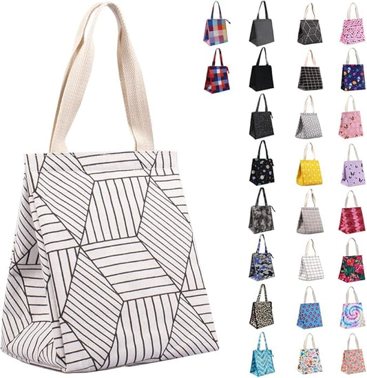 iknoe Insulated Lunch Bag for Women, 9L Sturdy Wide-Open Foldable & Portable Lunch Tote with Interior Pockets, Water-resistant Thermal Lunch Cooler for Adults Picnic Beach (White Rhombus)