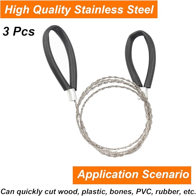 3 Pcs Hand Pocket Chainsaw Stainless Steel Emergency Saw Kit Mini Survival Wire Saw with Wire Handle for Cutting Hunting Hiking Backpacking Gear(Black)