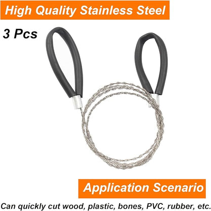 3 Pcs Hand Pocket Chainsaw Stainless Steel Emergency Saw Kit Mini Survival Wire Saw with Wire Handle for Cutting Hunting Hiking Backpacking Gear(Black)