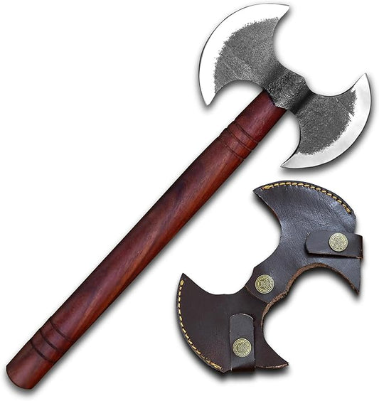14 inch Custom Handmade Carbon Steel Viking Double Head Axe - Camping, Hatchet, Survival, Hunting, Outdoor, Throwing, Bushcraft, Tomahawk, Estwing, Tactical Double Head Axe with Sheath