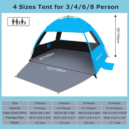 Venustas Beach Tent Sun Shelter for 3-10 Person, UPF 50+ UV Protection Canopy, Lightweight and Easy Setup Cabana, Portable Beach Shade