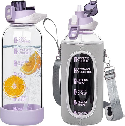 48 oz Large Sports Glass Water Bottle with Straw & Time Marker, Motivational Daily Glass Drinking Bottle with Strap for Fruit Infused Water, Smoothie, Coffee