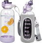 48 oz Large Sports Glass Water Bottle with Straw & Time Marker, Motivational Daily Glass Drinking Bottle with Strap for Fruit Infused Water, Smoothie, Coffee