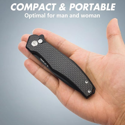FLISSA Folding Pocket Knife, 4.5" Carbon Fiber Handle EDC Knife with D2 Steel Blade, Button Lock and Pocket Clip, Tactical Knives for Men Women, Uesd for Outdoor, Survival, Hunting and Camping