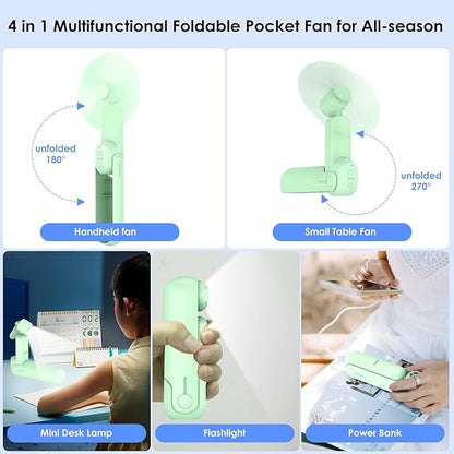 4 IN 1 Portable Handheld Fan,Personal Foldable Cooling Fan, Mini Pocket Fan,Desk Fan,Hand Fan,Flashlight,Power Bank,Table Lamp,Camping Travel Beach Fan, Birthday Gifts for Women Men(Light Green)