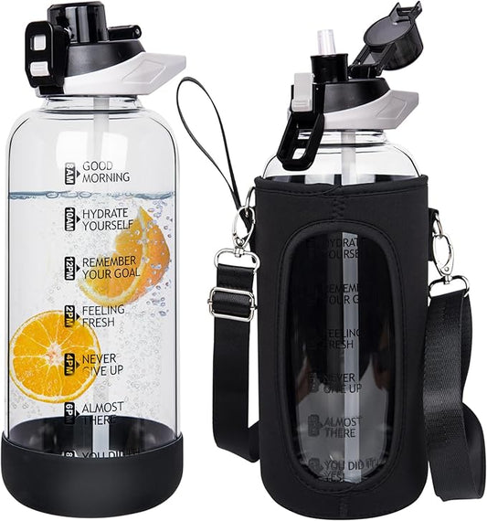 64 oz Large Sports Glass Water Bottle with Straw & Time Marker, Motivational Half Gallon Daily Glass Drinking Bottle with Strap for Fruit Infused Water, Smoothie, Coffee