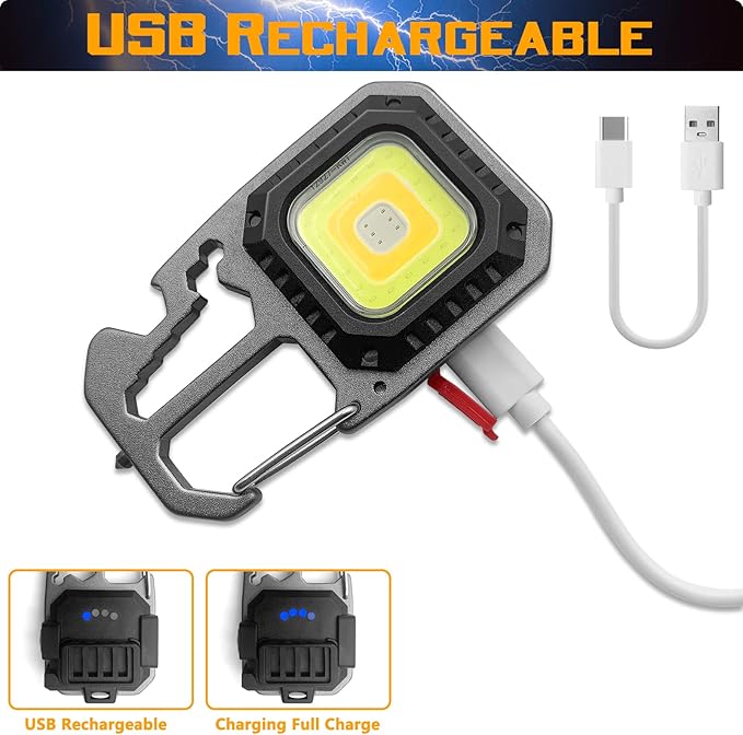 2Pcs COB Small Flashlights, Rechargeable Keychain Mini Flashlight 4 Modes Portable Pocket Magnetic Light with Bottle Opener Hook Window Breaker Wrench Screwdriver Function for Fishing Camping Walking