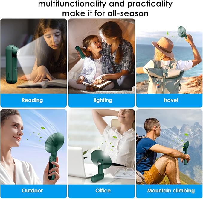 4 IN 1 Portable Handheld Fan,Personal Foldable Cooling Fan, Mini Pocket Fan,Desk Fan,Hand Fan,Flashlight,Power Bank,Table Lamp,Camping Travel Beach Fan, Birthday Gifts for Women Men(Dark Green)
