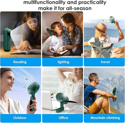 4 IN 1 Portable Handheld Fan,Personal Foldable Cooling Fan, Mini Pocket Fan,Desk Fan,Hand Fan,Flashlight,Power Bank,Table Lamp,Camping Travel Beach Fan, Birthday Gifts for Women Men(Dark Green)