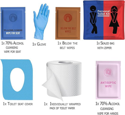 Public Restroom Kit: Pack of On-The-Go Bathroom Kits with Toilet Paper for Travel - Public Toilet Survival Kit including Gloves, Wipes, Seat Covers in Zip Top Bag