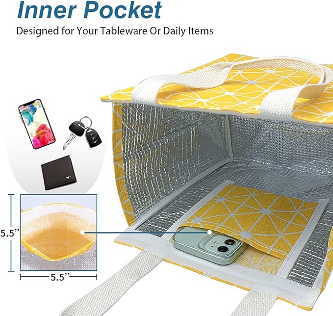 iknoe Insulated Lunch Bag for Women, 9L Sturdy Wide-Open Foldable & Portable Lunch Tote with Interior Pockets, Water-resistant Thermal Lunch Cooler for Adults Picnic Beach (Yellow)