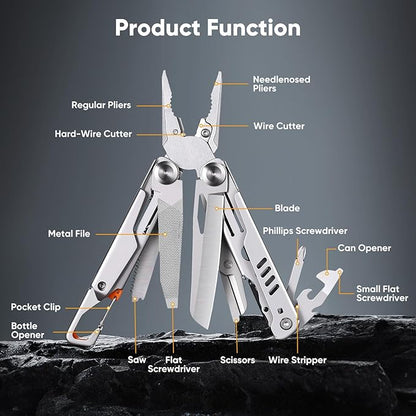15-in-1 Multitool - Stainless Steel Pocket Knife with Nylon Sheath, Utility Tool for Camping, Hiking, and More, Multi-Functional Design with Secure Locking and Ergonomic Grip