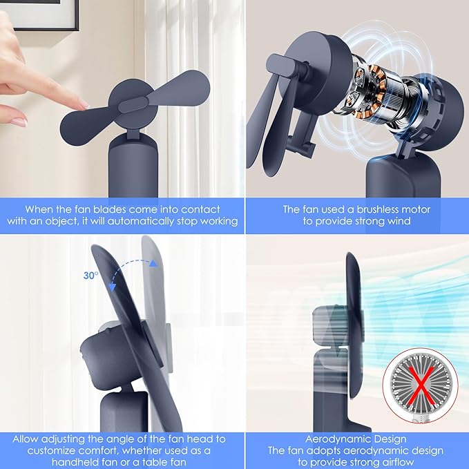 4 IN 1 Portable Handheld Fan,Personal Foldable Cooling Fan, Mini Pocket Fan,Desk Fan,Hand Fan,Flashlight,Power Bank,Table Lamp,Camping Travel Beach Fan, Birthday Gifts for Women Men(Blue)