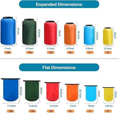 6 Pcs Dry Bags Waterproof，Lightweight dry bags for kayaking waterproof，Multi-Size Outdoor dry sack Waterproof Bag for Boating, Beach, Hiking（3L,5L,8L,12L,15L,25L）