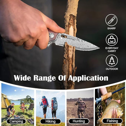 Damascus Pocket Knife with Clip Unique Rosewood Handle Cool Folding Knives Survival Knife for Gift for Men Women