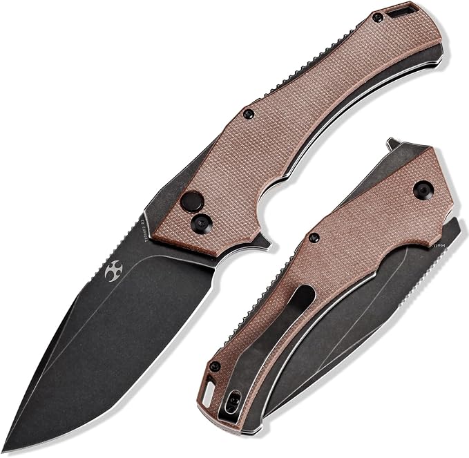 KANSEPT Hellx Pocket Folding Knives Button Lock for Men EDC Pocket Knife 3.6'' Black Stonewashed D2 Blade Excellent Folding Knife with Brown Micarta Handle EDC Knife T1008F2