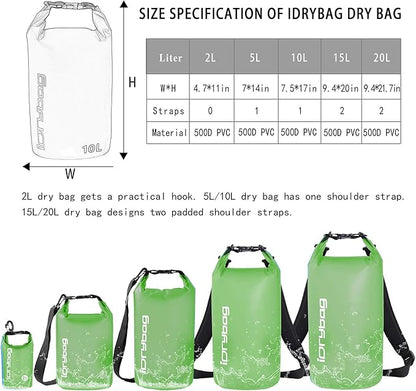 IDRYBAG Clear Dry Bag Waterproof 2L/5L/10L/15L/20L, Small Dry Sack Waterproof Bag for Kayaking