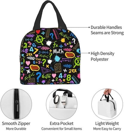 Imiss Math Education Lunch Bag Colorful Formulas Calculations Lunch Box with Front Pocket Reusable Thermal Cooler Bag for School Work Picnic Travel Meal Prep Bag