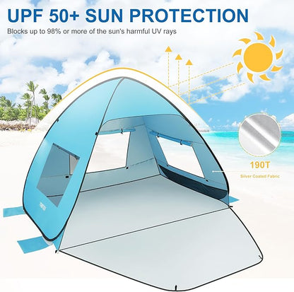 TOBTOS UPF 50+ Pop Up Beach Tent, Easy Set Up Beach Umbrella, Sun Shelter for 2-3 People UV Protection Portable Sunshade, Baby Canopy Cabana, Lightweight with Carry Bag