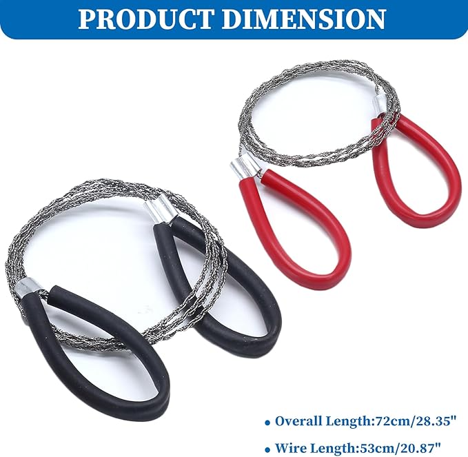 2 Pcs Survival Wire Saw, Heavy Duty Emergency Steel Wire Saw, Pocket Size Outdoor Tool for Cutting Wood Rubber Plastic (Black, Red)