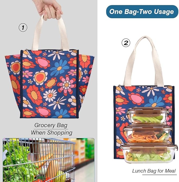 iknoe Lunch Bag Insulated Lunch Bags for Women & Men, 9L Reusable Lunch Tote Portable Adult Thermal Large Lunch Cooler for Work Picnic Beach (Blue Flowers)