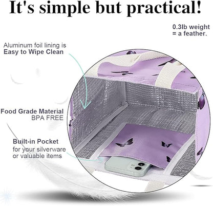iknoe Insulated Lunch Bag for Women, 9L Durable Wide-Open Foldable & Portable Lunch Tote with Interior Pockets, Water-resistant Thermal Lunch Cooler for Adults Picnic Beach (Purple Butterfly)