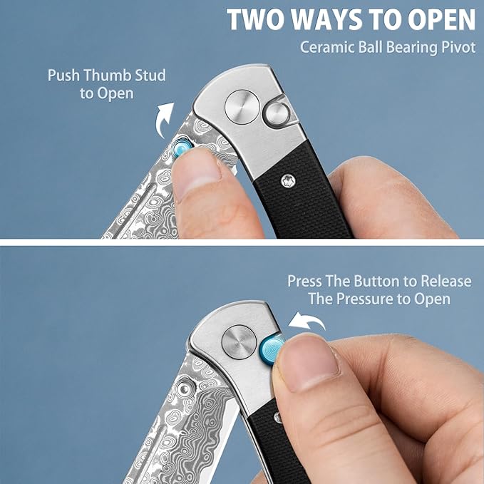 LOTHAR Falcon Damascus Pocket Knife, 2.98" VG10 Damascus Steel Blade EDC Knife, G10 Handle, Pocket Folding Knife with Clip, Button Lock Knife, Gifts Pocket Knife for Men Women