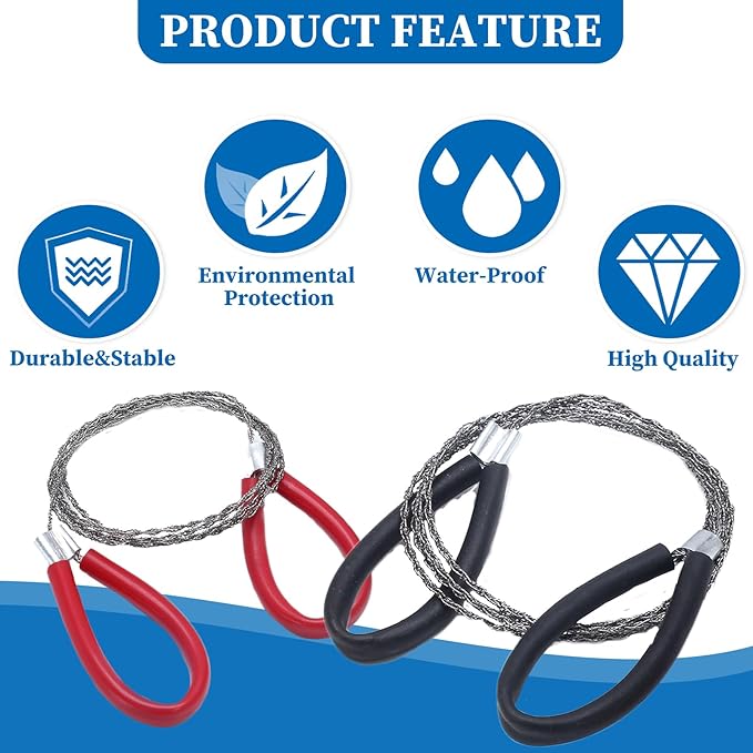 2 Pcs Survival Wire Saw, Heavy Duty Emergency Steel Wire Saw, Pocket Size Outdoor Tool for Cutting Wood Rubber Plastic (Black, Red)