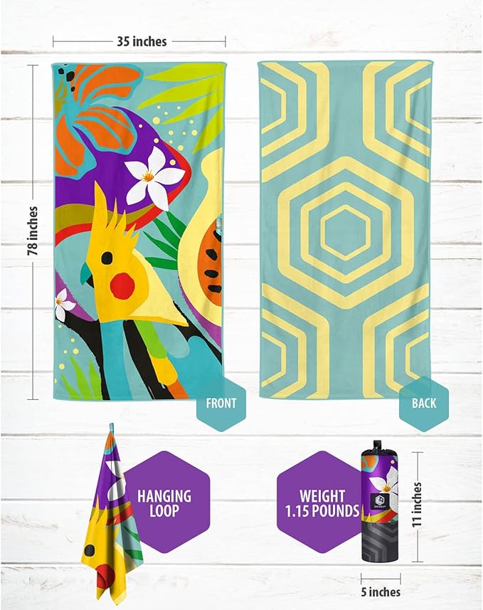 VENTURE 4TH Microfiber Beach Towel: Quick-Dry, Compact, Sand-Free, Absorbent, Sandproof and Lightweight - Perfect for Camping, Beach, and Roadtrips (Turquoise Cockatoo Design | 35x78 inches)
