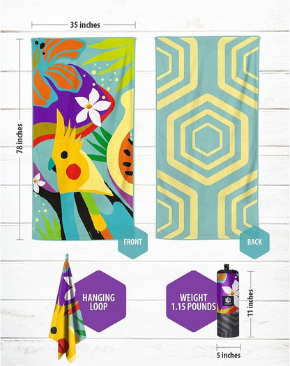 VENTURE 4TH Microfiber Beach Towel: Quick-Dry, Compact, Sand-Free, Absorbent, Sandproof and Lightweight - Perfect for Camping, Beach, and Roadtrips (Turquoise Cockatoo Design | 35x78 inches)