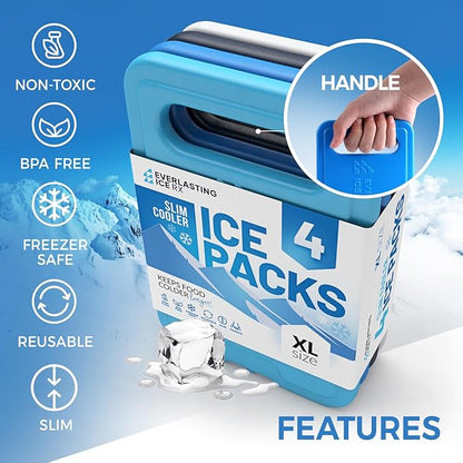 Reusable XL Slim Ice Packs for Lunch Boxes with Handle (4 Pack) BPA Free Freezer Packs | 7.5 x 6.5 in | Long Lasting Ice Pack for Insulated Bags, Picnic, Travel, and More
