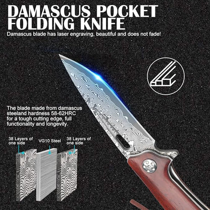 Damascus Pocket Knife with Clip Unique Rosewood Handle Cool Folding Knives Survival Knife for Gift for Men Women