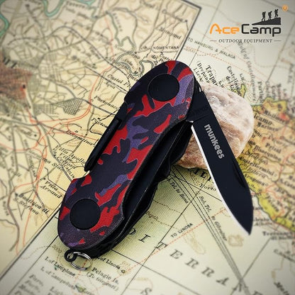 14-in-1 pocket multi-tool, camo stainless steel tool with blade, scissors, corkscrew, serrated, screwdriver, outdoor, fishing, hiking, camping Red