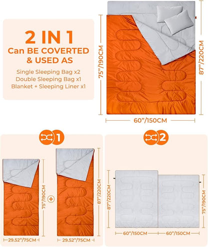 Ohuhu Double Sleeping Bag for Adults with 2 Pillows, Queen Size Two Person Sleeping Bag for Camping Hiking Backpacking 2 Person Sleeping Bags for Cold Weather & Warm