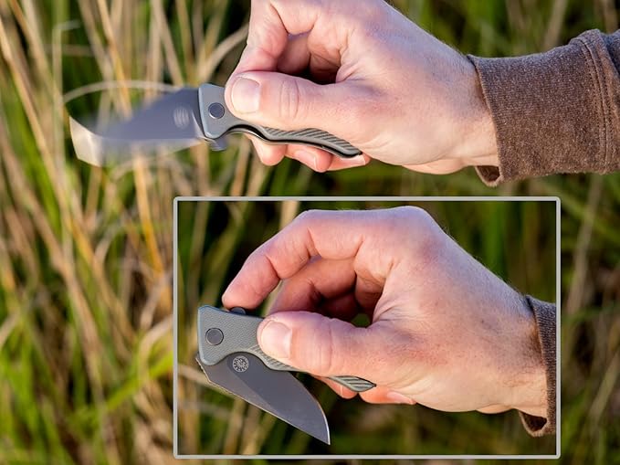 Off-Grid Knives - Baby Rhino - Legal Carry Heavy Duty Compact Folding Knife w. Sandvik 14C28N Blade Steel, Sky Gray G10 Scales, Deep Carry Left and Right Hand, Built Like A Tank