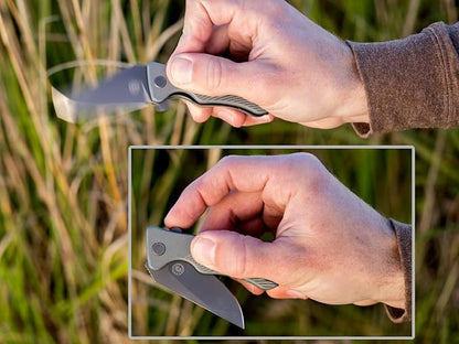 Off-Grid Knives - Baby Rhino - Legal Carry Heavy Duty Compact Folding Knife w. Sandvik 14C28N Blade Steel, Sky Gray G10 Scales, Deep Carry Left and Right Hand, Built Like A Tank