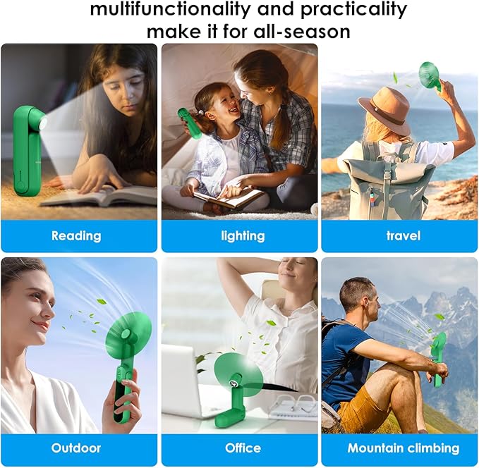 4 IN 1 Portable Handheld Fan,Personal Foldable Cooling Fan, Mini Pocket Fan,Desk Fan,Hand Fan,Flashlight,Power Bank,Table Lamp,Camping Travel Beach Fan, Birthday Gifts for Women Men(Green)