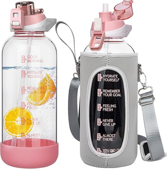64 oz Large Sports Glass Water Bottle with Straw & Time Marker, Motivational Half Gallon Daily Glass Drinking Bottle with Strap for Fruit Infused Water, Smoothie, Coffee