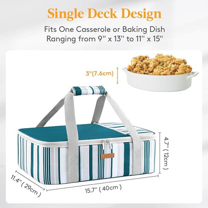 Insulated Casserole Carrier for Hot or Cold Food, Lasagna Lugger Tote for Potluck Parties/Picnic/Cookouts, Fits 9"x13" Baking Dish, Green