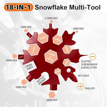 18 in 1 Snowflake Multi Tool, Phillips Flat Screwdriver Kit/Wrench/Bottle Opener, EDC Camping Gear, Gifts for Men (Red)