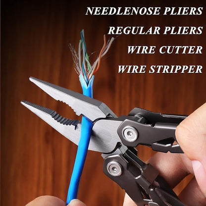15-in-1 Multi Tool Pocket Knife, Tactical Multitool Knife Pliers, Camping Survival Gear with Knife Saw Scissors Serrated Blade Bottle Can Opener Screwdrivers Safety Lock, Unique Gifts for Men