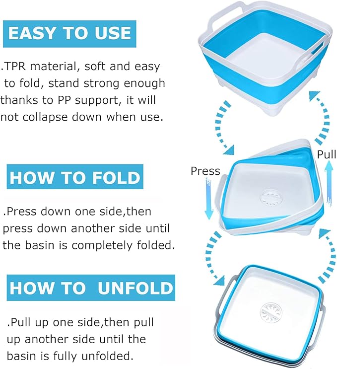 Dishpan for Washing Dishes,9L Collapsible Dish Tub Portable Sink,Wash Dish Basin,Foldable Laundry Tub,Washing Basin with Drain Plug,Dishpan for Kitchen Sink,Camping Dish Washing Tub,Blue