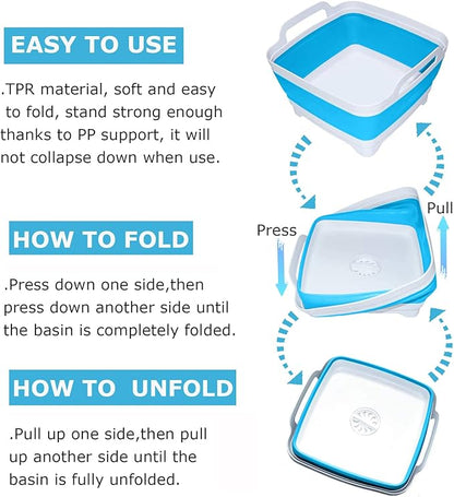 Dishpan for Washing Dishes,9L Collapsible Dish Tub Portable Sink,Wash Dish Basin,Foldable Laundry Tub,Washing Basin with Drain Plug,Dishpan for Kitchen Sink,Camping Dish Washing Tub,Blue