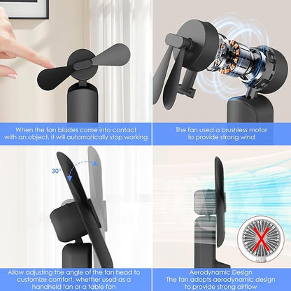 4 IN 1 Portable Handheld Fan,Personal Foldable Cooling Fan, Mini Pocket Fan,Desk Fan,Hand Fan,Flashlight,Power Bank,Table Lamp,Camping Travel Beach Fan, Birthday Gifts for Women Men(Black)