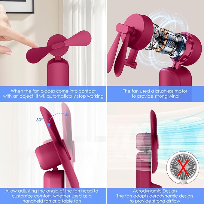 4 IN 1 Portable Handheld Fan,Personal Foldable Cooling Fan, Mini Pocket Fan,Desk Fan,Hand Fan,Flashlight,Power Bank,Table Lamp,Camping Travel Beach Fan, Birthday Gifts for Women Men(Red)