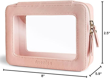 Aveniee Clear Makeup Bag Organizer, Portable Travel Toiletry Cosmetic Bag Case for Women, Heavy Duty Make Up Pouch with Transparent Vinyl Windows & Gold Zippers(Pink)