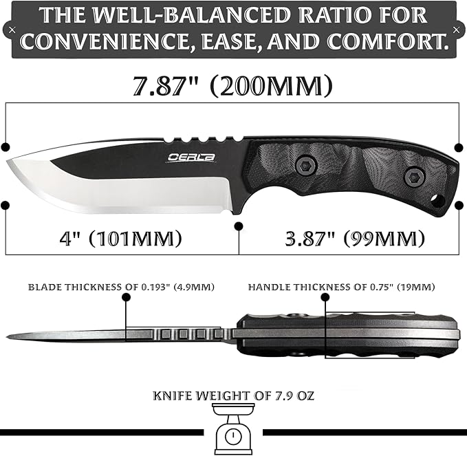 OERLA TAC DE-0014 Fixed Blade Outdoor Duty Knife 420HC Stonewashed Stainless Steel Field Knife Straight Camping Knife with G10 Handle Waist Clip EDC Kydex Sheath (Black)
