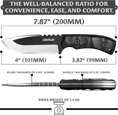 OERLA TAC DE-0014 Fixed Blade Outdoor Duty Knife 420HC Stonewashed Stainless Steel Field Knife Straight Camping Knife with G10 Handle Waist Clip EDC Kydex Sheath (Black)