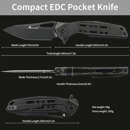 HX OUTDOORS Pocket Knife with Lock, High End S35VN Steel Folding Knife with Non Slip Titanium Alloy Handle(Black)